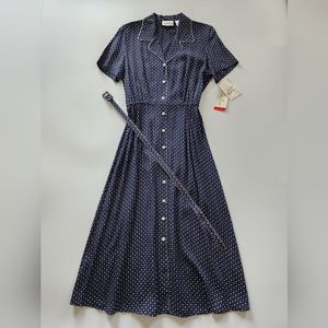 NOS Vintage Liz Claiborne Navy Blue Shirtdress Dress Printed Belted